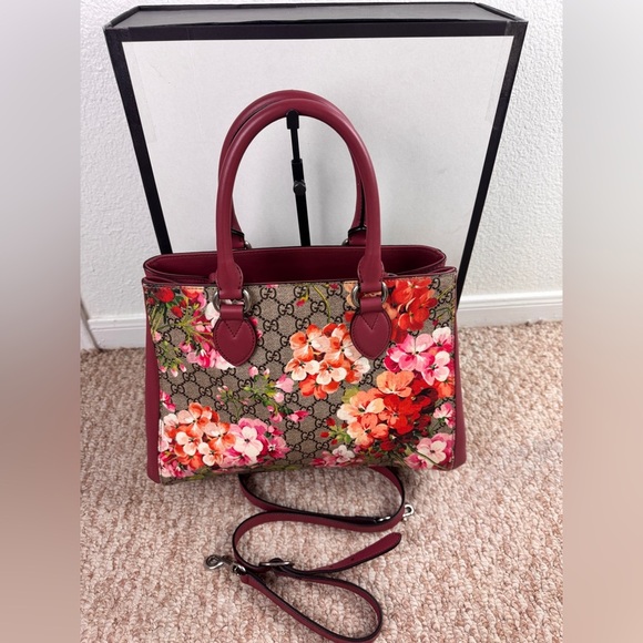 Gucci Soft GG Supreme Monogram Blooms Top Handle Bag Beige Multicolor Dry Rose - Picture 8 of 13